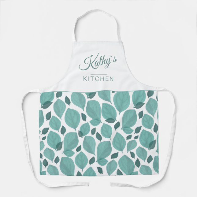 Turquoise Basil Herb Leaf Pattern Botanical Name Apron (Front)