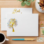 Turquoise Bat Mitzvah Bold Gold Foil Tree of Life Envelope<br><div class="desc">A graphic faux gold foil tree with sparkly turquoise, teal, purple and blue Star of David and dot “leaves” on a white background is on the front. Open up this envelope and you’ll find a graphic visual of graphic visual of a tiny, light turquoise blue Star of David pattern overlaying...</div>