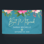 Turquoise Bat Mitzvah Pink Floral Gold Script Bold Banner<br><div class="desc">Proudly welcome every guest of your daughter’s Bat Mitzvah party! Hang up this stunning, modern, stylish, personalised banner to add to her special day. A chic, stunning, pink and peach floral watercolor with faux gold foil script typography, Star of David and white sans serif type overlay a dusty turquoise teal...</div>