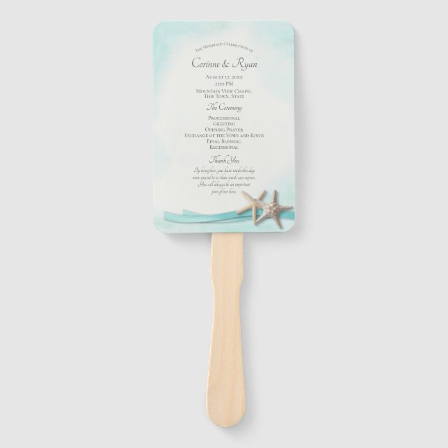 Turquoise Beach Starfish Wedding Program Hand Fan (Front)