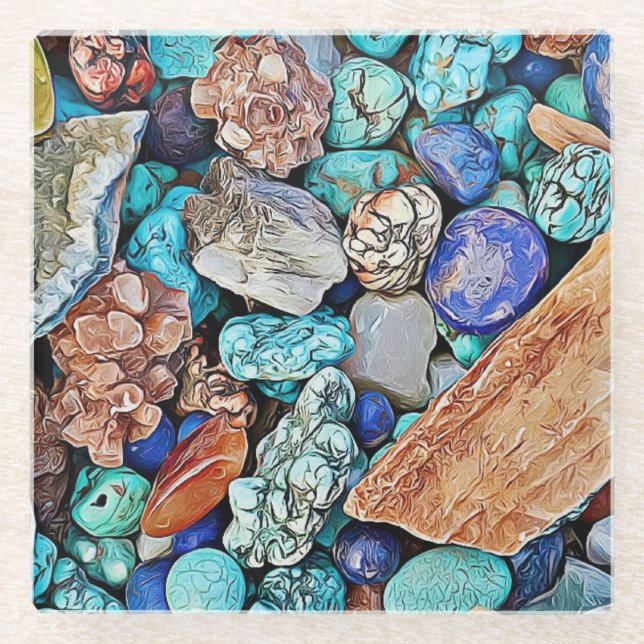 Turquoise Beach Stones Glass Coaster (Front)