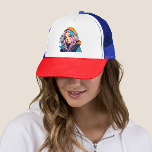 Turquoise Beauty: Hand-Drawn Anime Girl Trucker Hat