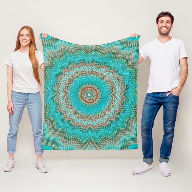 Turquoise, beige circular pattern. Mandala. Fleece Blanket (In Situ)