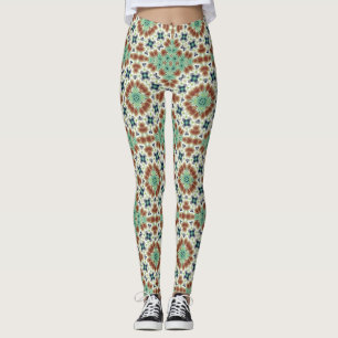 Turquoise beige colourful kaleidoscope ornament leggings