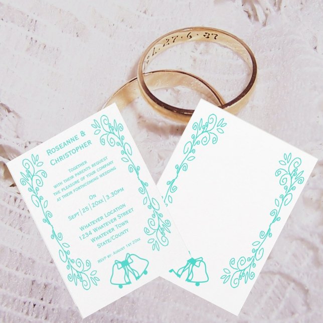 Turquoise Bells Scrollwork Design Wedding Invitation (Turquoise wedding invitation bells scrollwork design)