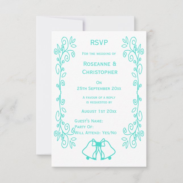 Turquoise Bells Scrollwork Design Wedding RSVP Card (Front)