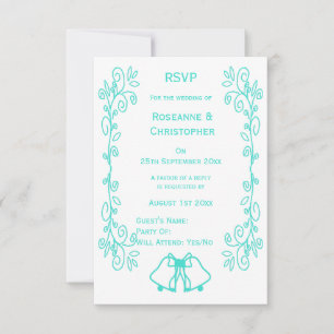 Turquoise Bells Scrollwork Design Wedding RSVP Card