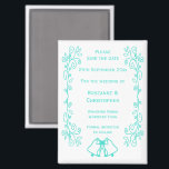 Turquoise Bells Scrollwork Wedding Save The Date Magnet<br><div class="desc">Wedding save the date magnet bells design. Customise this turquoise coloured wedding save the date magnet with your wedding details. Should you require any help with customising then contact us through the link on this page. Blue coloured bells design personalised wedding save the date magnet</div>
