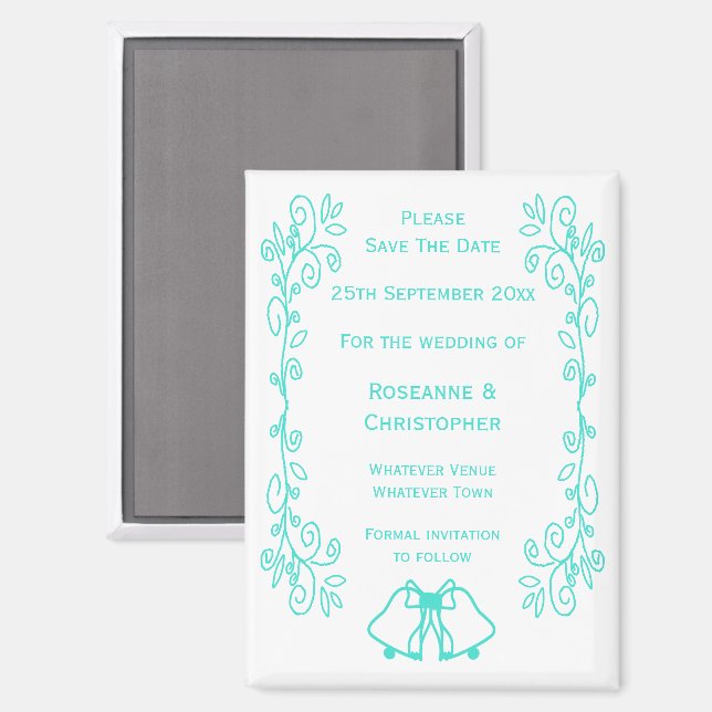 Turquoise Bells Scrollwork Wedding Save The Date Magnet (Front/Back)