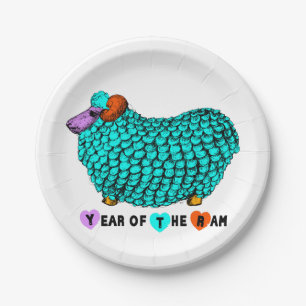 Turquoise Big Ram Chinese Zodiac paper plate