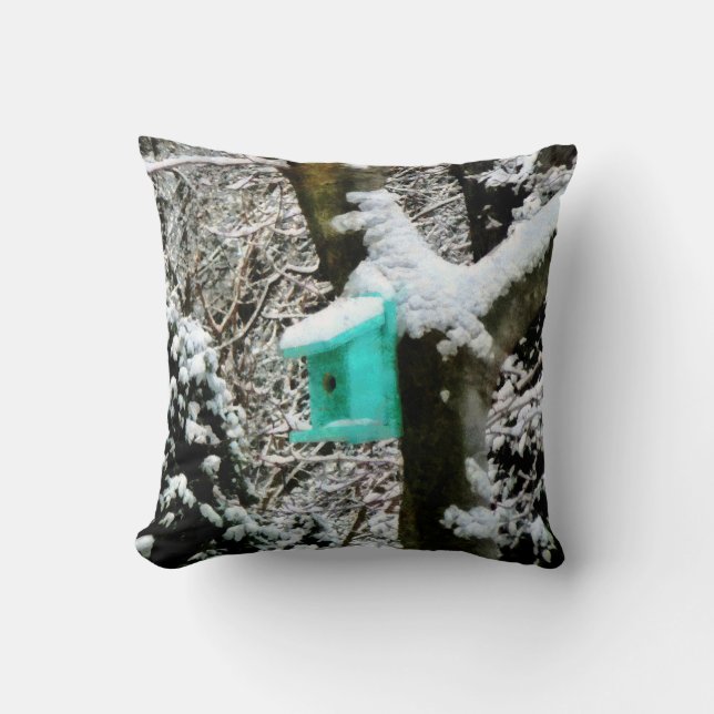 Turquoise Birdhouse in Winter Cushion (Front)