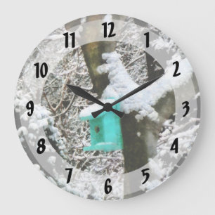 Turquoise Birdhouse in Winter Large Clock