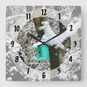 Turquoise Birdhouse in Winter Square Wall Clock