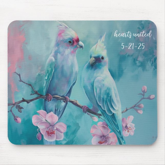 Turquoise Birds Hearts United Mousepad (Front)