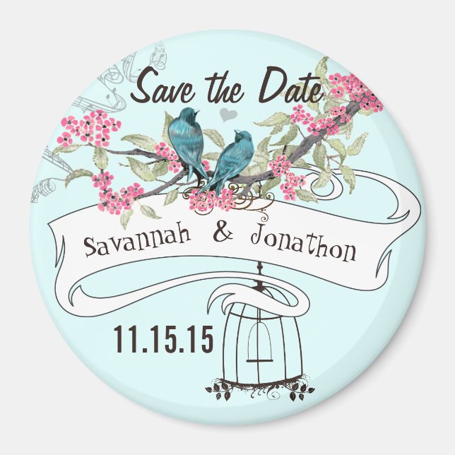 Turquoise Birds Pink Cherry Blossom Save the Date Magnet (Front)