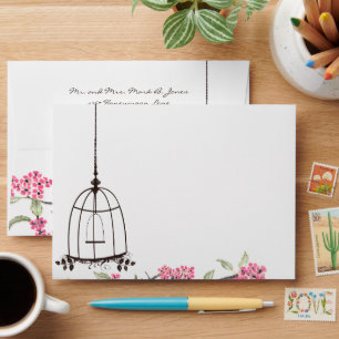 Turquoise Birds Pink Cherry Blossoms Birdcage Envelopes