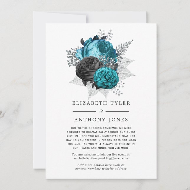 Turquoise, Black and Silver Floral Wedding Update Announcement (Front)