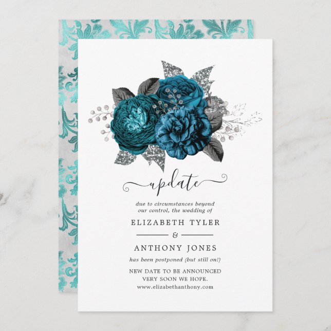 Turquoise, Black and Silver Floral Wedding Update Invitation (Front/Back)