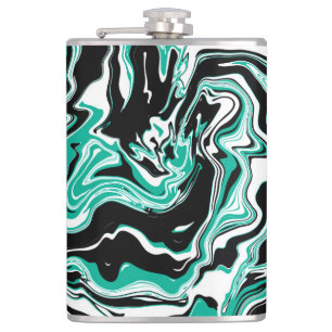 Turquoise, Black and White Marble Fluid Art    Hip Flask