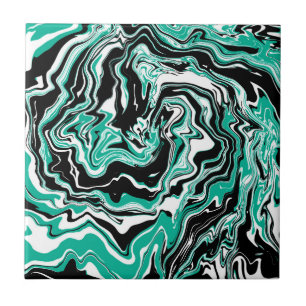 Turquoise, Black and White Marble Fluid Art  Tile