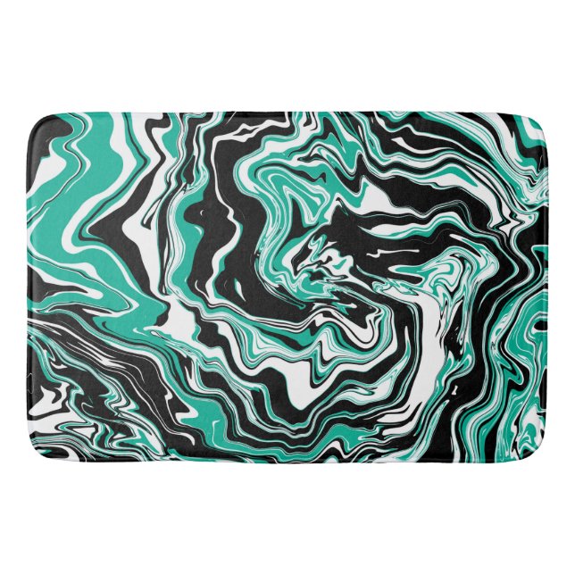 Turquoise, Black and White Swirls Marble like  Bath Mat (Front)