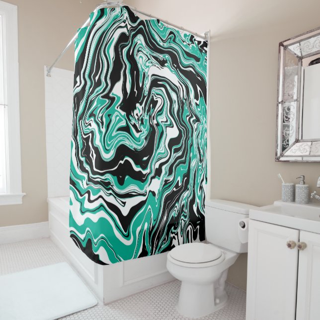 Turquoise, Black and White Swirls Marble like  Shower Curtain (In Situ)