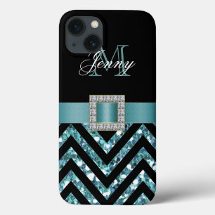 TURQUOISE BLACK CHEVRON GLITTER GIRLY iPhone 13 CASE