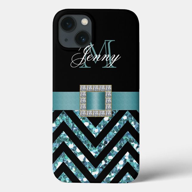 TURQUOISE BLACK CHEVRON GLITTER GIRLY Case-Mate iPhone CASE (Back)