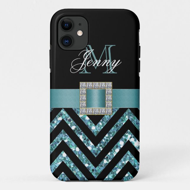 TURQUOISE BLACK CHEVRON GLITTER GIRLY Case-Mate iPhone CASE (Back)