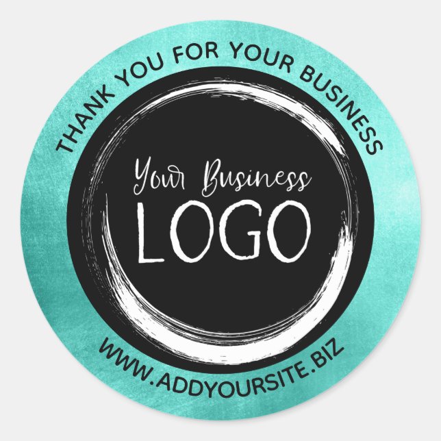 Turquoise Black Circle Thank You Business Logo Classic Round Sticker (Front)