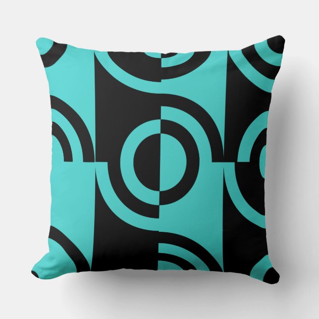 Turquoise & Black Circular Fragments Throw Pillow (Front)