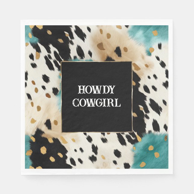 Turquoise Black Cream Gold Western Cowgirl Cowhide Napkin (Front)