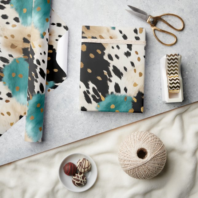 Turquoise Black Cream Gold Western Cowgirl Cowhide Wrapping Paper (Crafts)