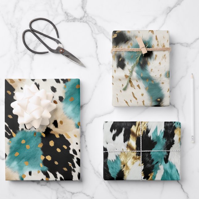 Turquoise Black Cream Gold Western Cowgirl Cowhide Wrapping Paper Sheet (Front)