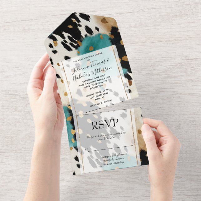 Turquoise Black Cream Gold Western Cowhide All In One Invitation (Tearaway)