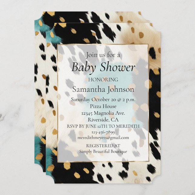 Turquoise Black Cream Gold Western Cowhide Invitation (Front/Back)