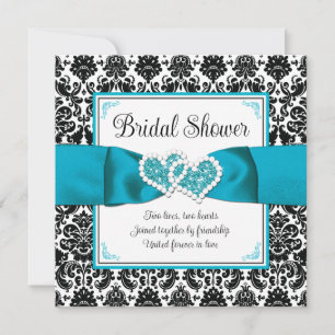 Turquoise, Black Damask Love Hearts Bridal Shower Invitation