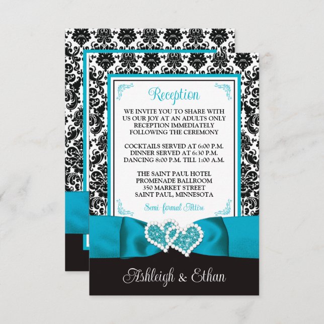 Turquoise, Black Damask, Love Hearts Enclosure RSVP Card (Front/Back)