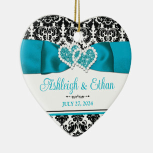 Turquoise, Black Damask Love Hearts Wedding Ceramic Tree Decoration