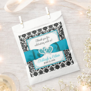 Turquoise, Black Damask Love Hearts Wedding Favour Bags