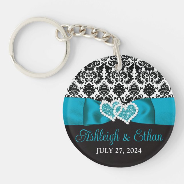 Turquoise, Black Damask Love Hearts Wedding Key Ring (Front)