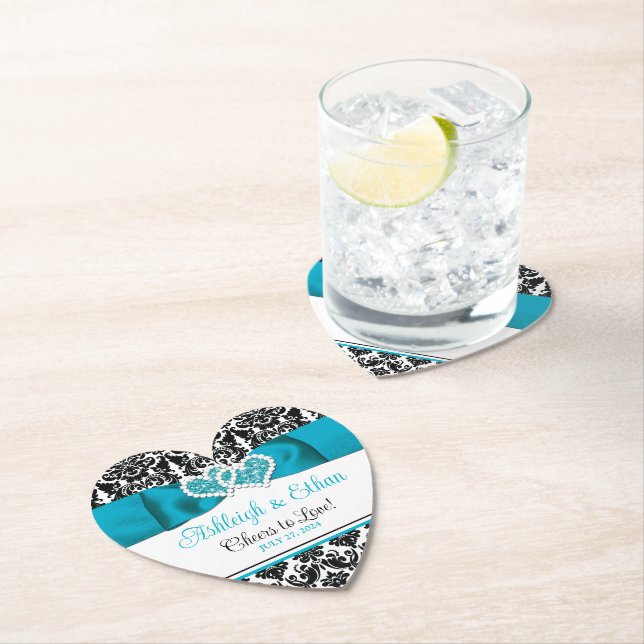 Turquoise, Black Damask Love Hearts Wedding Paper Coaster (Insitu)
