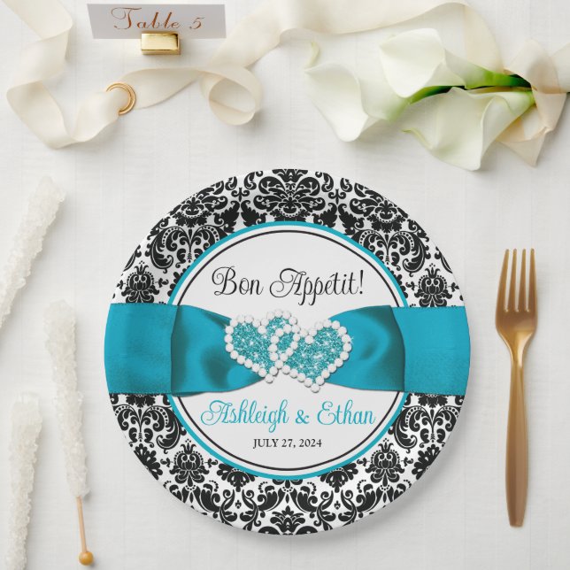 Turquoise, Black Damask Love Hearts Wedding Paper Plate (Wedding)