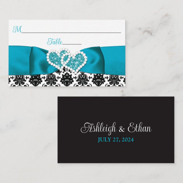 Turquoise, Black Damask Love Hearts Wedding Place Card (Front/Back)