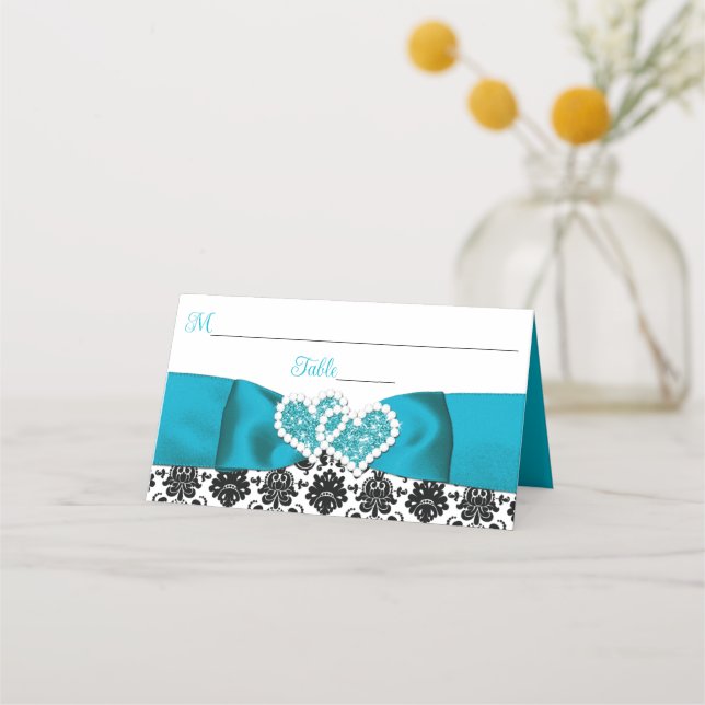 Turquoise, Black Damask Love Hearts Wedding Place Card (Front)