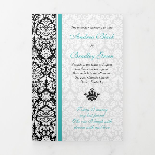 Turquoise Black Damask Tri-Fold Wedding Program Programme (Cover)