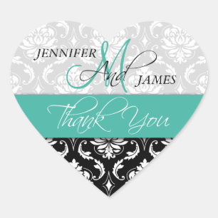 Turquoise Black Damask Wedding Favour Heart Sticke Heart Sticker