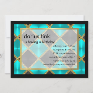 Turquoise Black Gold Birthday Party Invitation