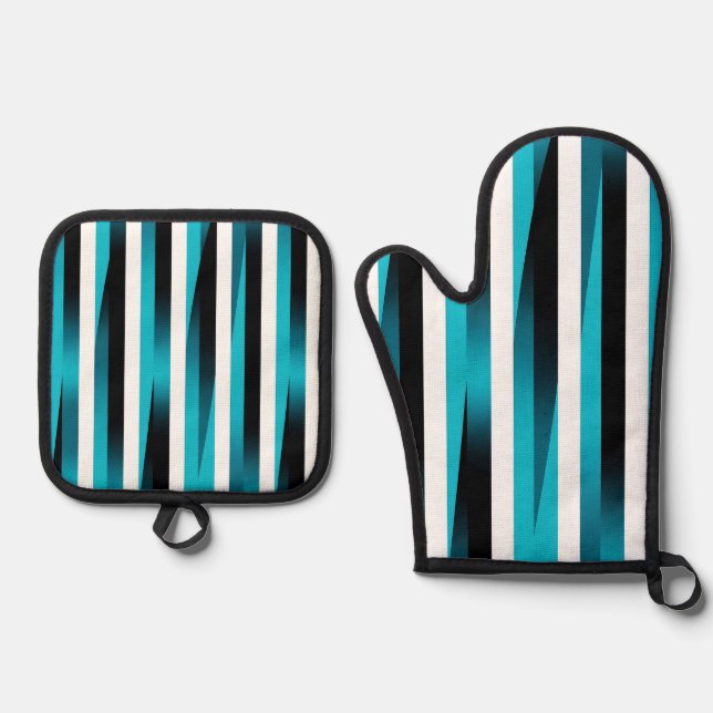 Turquoise Black Gradient Stripe Pattern Oven Mitt & Pot Holder Set (Front)
