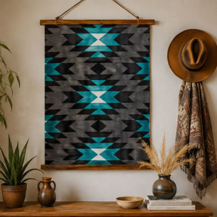 Turquoise Black Gray Southwestern Geometric Aztec Hanging Tapestry